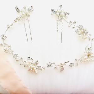 Silver Hair Vine , Bridal Hair Vine, Crystal Headpiece, Pearl Headpiece, Bridal Headband, Wedding Headpiece-SILVER LYRIC