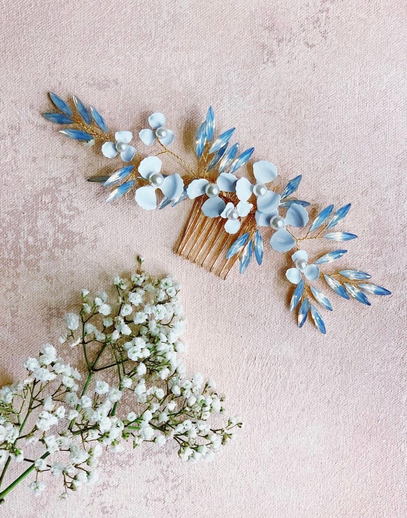 Bridal Comb, Bridal Comb Hairpiece, Wedding Headpiece, Bridal Comb for Hair, Bridal Comb Flowers, Bridal Comb Blue, Something Blue Wedding. image 1