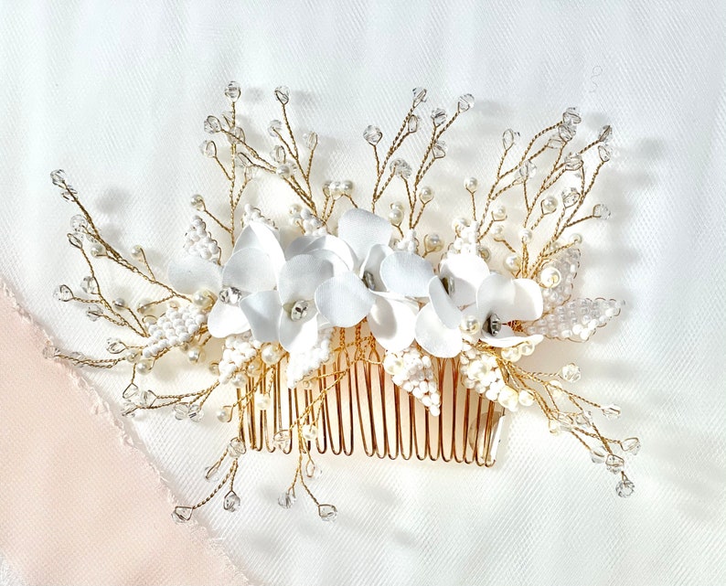 Bridal Hair Comb, Floral Bridal Comb,Pearl Bridal Comb, Bridal Comb Pearl, Bridal Comb with Flowers imagem 3