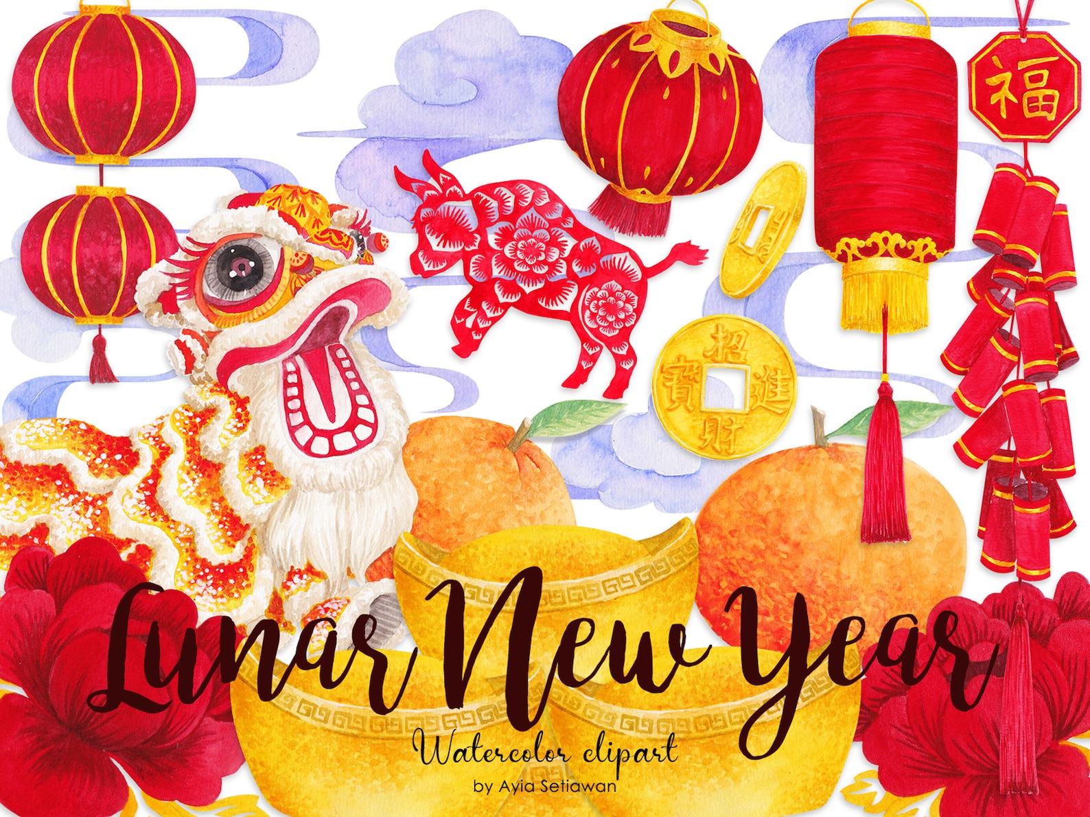 Lunar New Year Clip Art Festive Watercolor Hand Painted Etsy