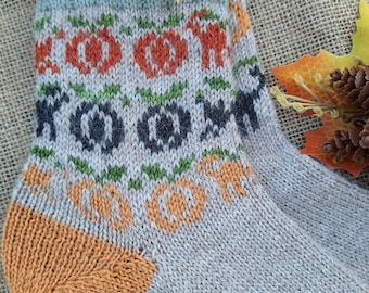 Patrón de tejido de calcetines de gato y calabaza: Diseño otoñal (PDF)