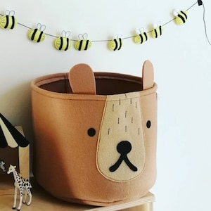 Nordic inspired felt toy storage, bear basket, woodland room decor