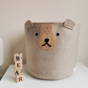Dark brown felt bear storage,  kids, nursery organizer basket, woodland room decor