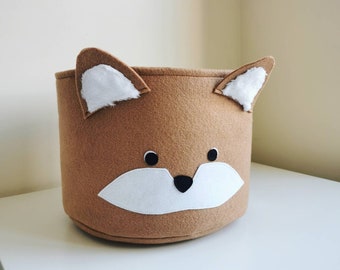 Nordic inspired felt toy storage, brown fox basket, woodland room decor, fox and forest theme