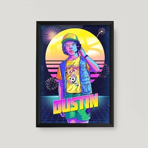 Dustin A3 A4 Poster Print Retro 80er Jahre Wandbild Fan Made Digitale Zeichnung Geburtstagsgeschenk Elf Qualität Gedruckt Handgezeichnet TV Auf dem Kopf stehend