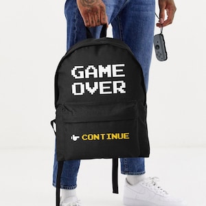 Game Over Backpack Video Game RuckSack Retro Gaming Bag Pixel Continue Merch Videogame Accessory Unisex Gamer School Work Bags Ruck 8bit