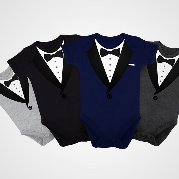 Tuxedo Baby Grow Tux Dinner Jacket Newborn Bodysuit Short Sleeve Sleeved Wedding Formal Costume Top Romper Bow tie Tee Gift Present Outfit