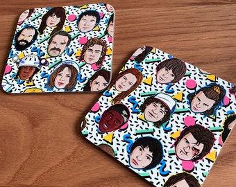A STRANGER Coaster set Wooden Hardboard Christmas Coffee Tea Coasters Character Face Mug Cub Table Home Decor TV Show Colourful Drawing Xmas