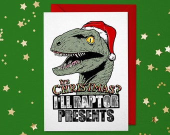 Christmas Card I'll Raptor Presents Seasons Greetings Cards Retro Father Xmas 80's St. Nick Merry Happy T-Rex Life Hat Pop Culture Movie New