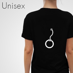 May include: Black t-shirt with a white graphic of a circle with a rope attached to it.