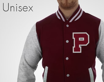 Personalised Burgundy Varsity Jacket with Burgundy Letter and Grey Outline Scarlet College Letterman Coat Baseball Clothing University