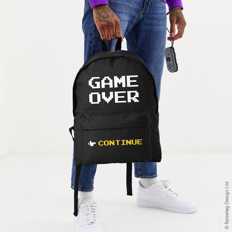 Game Over Backpack Video Game RuckSack Retro Gaming Bag Pixel Continue Merch Videogame Accessory Unisex Gamer School Work Bags Ruck 8bit image 1