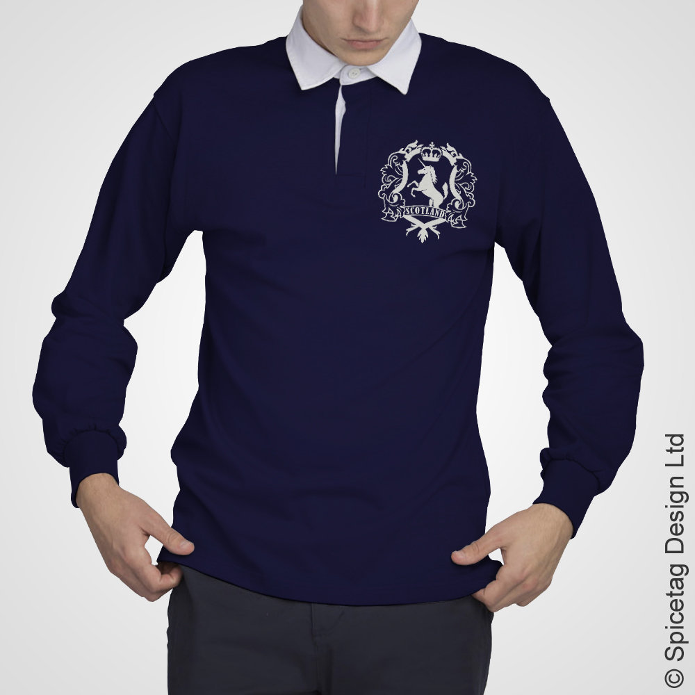 navy blue jumper with white collar