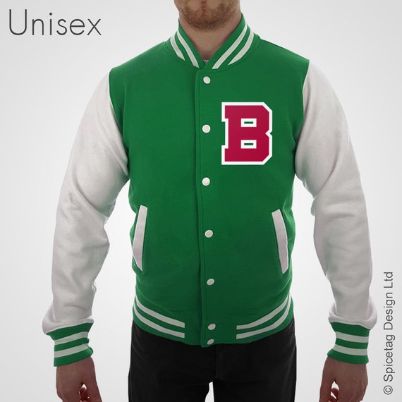 Personalised Green Varsity Jacket with Cherry Red Letter and White Outline  Dark College Letterman Coat Baseball American Fashion Clothing