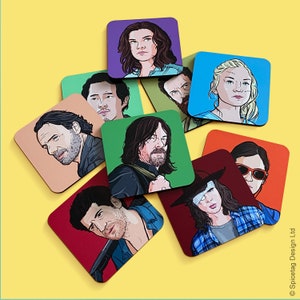 TWD Coasters Wooden Hardboard Coffee Tea Coaster Sheriff Mug Cub Table Home Decor Colourful Drawing TV Show Zombie Walker Walkers TWD