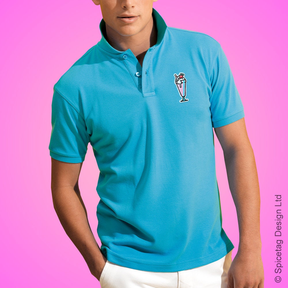 Image of Blue Milk Shake Polo Shirt Float Poloshirt Summer Milkshake T-Shirt Short Sleeve Collar Top Stylish Men's Tee Retro Bright Colour Fashion