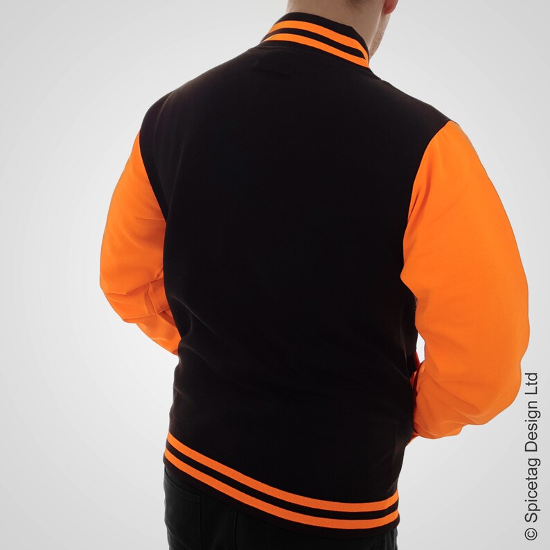 Neon Orange /& Black Varsity Jacket Noir College Letterman Coat Baseball Top American Fashion Clothing University Womens Mens Outfit Electric