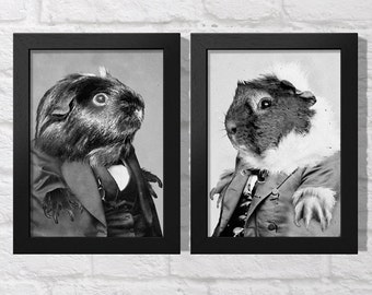 Set Of 2 Guinea Pig 5 x 7 Inch Print 5" x 7" Picture Pop Art Style Interior Decor Retro Homeware Design Star Pic Photo Vintage Black & White