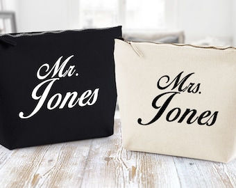 Neceser personalizado para el Sr. y la Sra., neceser para mujer, neceser para hombre, neceser de lona para boda, neceser para el novio y la novia, neceser con cremallera y estampado personalizado, maquillaje