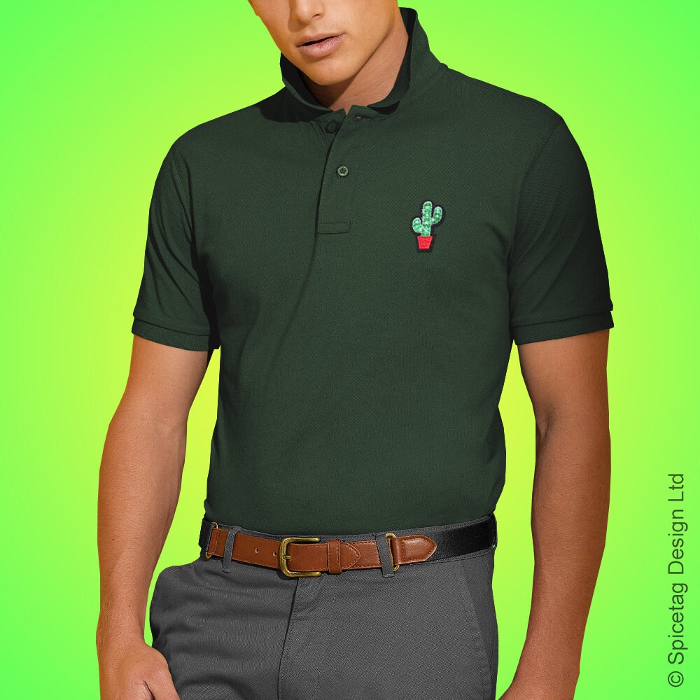 Image of Dark Green Cactus Polo Shirt Racing Poloshirt Summer Cacti T-Shirt Short Sleeve Collar Top Stylish Men's Tee Van Retro Bright Colour Fashion