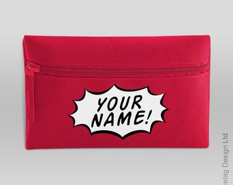 Estuche de lápices de cómic personalizado con diseño de tira de superhéroes, estuche para lápices de superhéroes, bolsa de papelería divertida para niños con nombre impreso, monedero, regalo