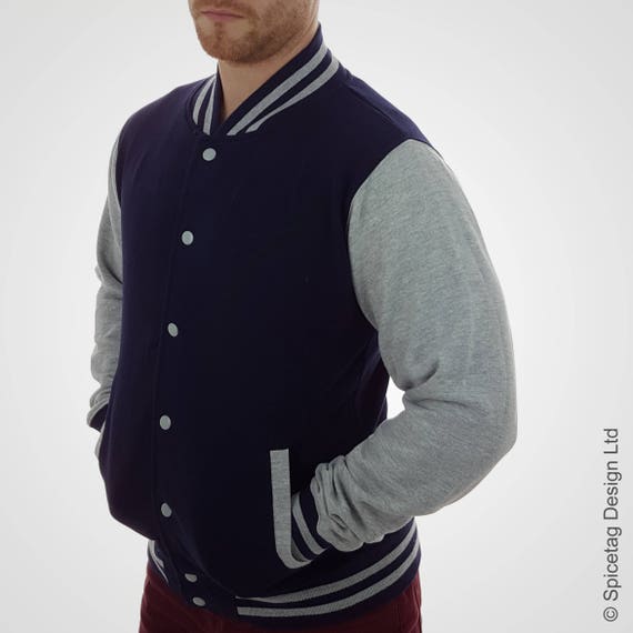 University wear Plus 1 T Shirt with Varsity Jacket Varsity Jacket Navy with Heather Grey Sleeve College