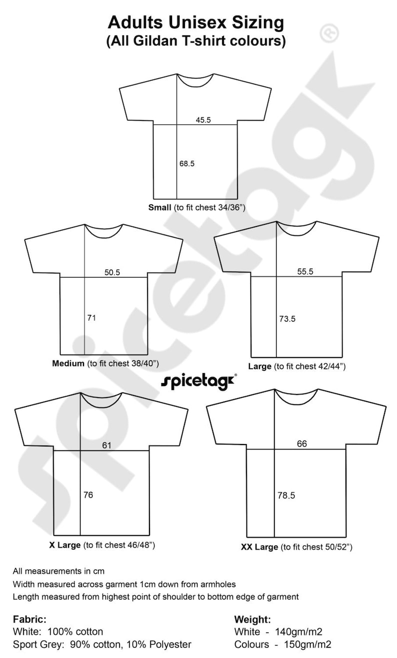 Puede incluir: Un gr&aacute;fico que muestra el tama&ntilde;o de las camisetas unisex para adultos en diferentes tallas, incluyendo peque&ntilde;a, mediana, grande, extra grande y extra extra grande. El gr&aacute;fico muestra las medidas del pecho en pulgadas y las medidas de ancho y largo correspondientes en cent&iacute;metros. El gr&aacute;fico tambi&eacute;n incluye la informaci&oacute;n sobre la tela y el peso de las camisetas.