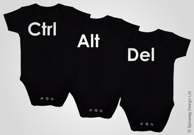 Ctrl Alt Del Triplets Baby Grow Geeky PC Gaming Black Newborn Bodysuit Short Sleeve Sleeved IT Nerd Video Game Computer Top Tee Outfit