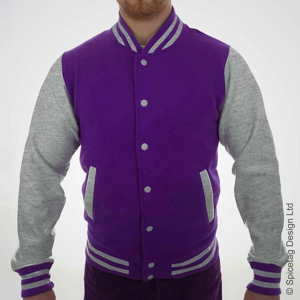 Men's Purple Varsity Jacket, Grey Crew-neck T-shirt, Blue Jeans