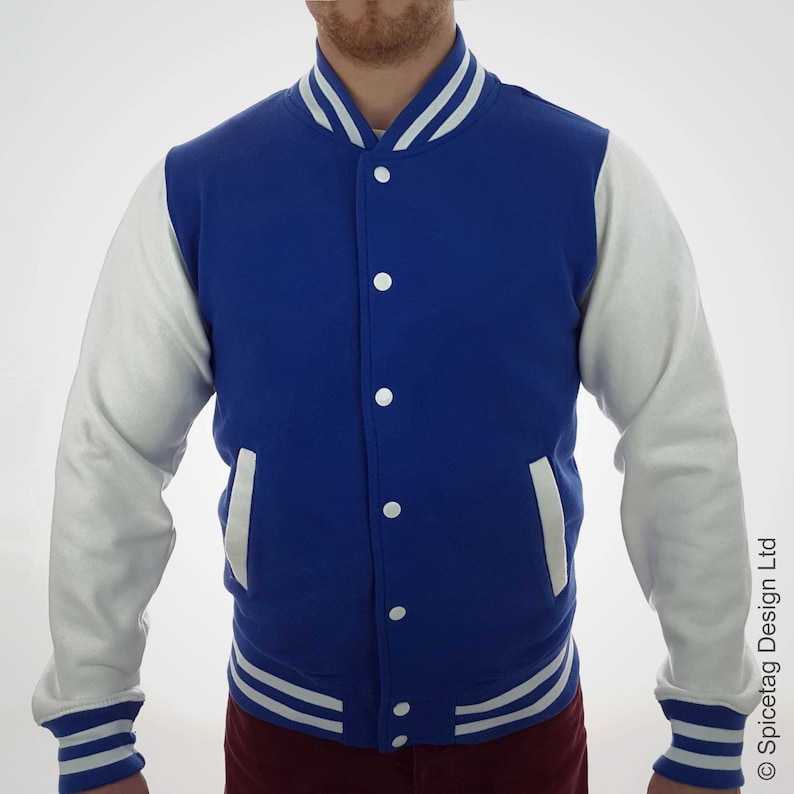 royal blue and white varsity jacket