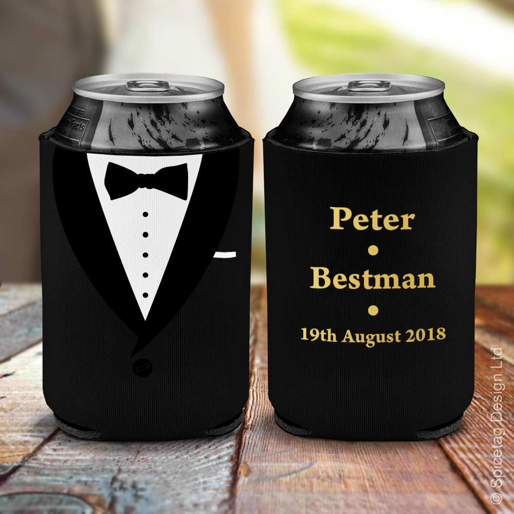 Enfriador de cerveza personalizado para esmoquin de boda, funda de espuma para enfriar bebidas, ideal para cenas, padrinos de boda, despedidas de soltero y bebidas.
