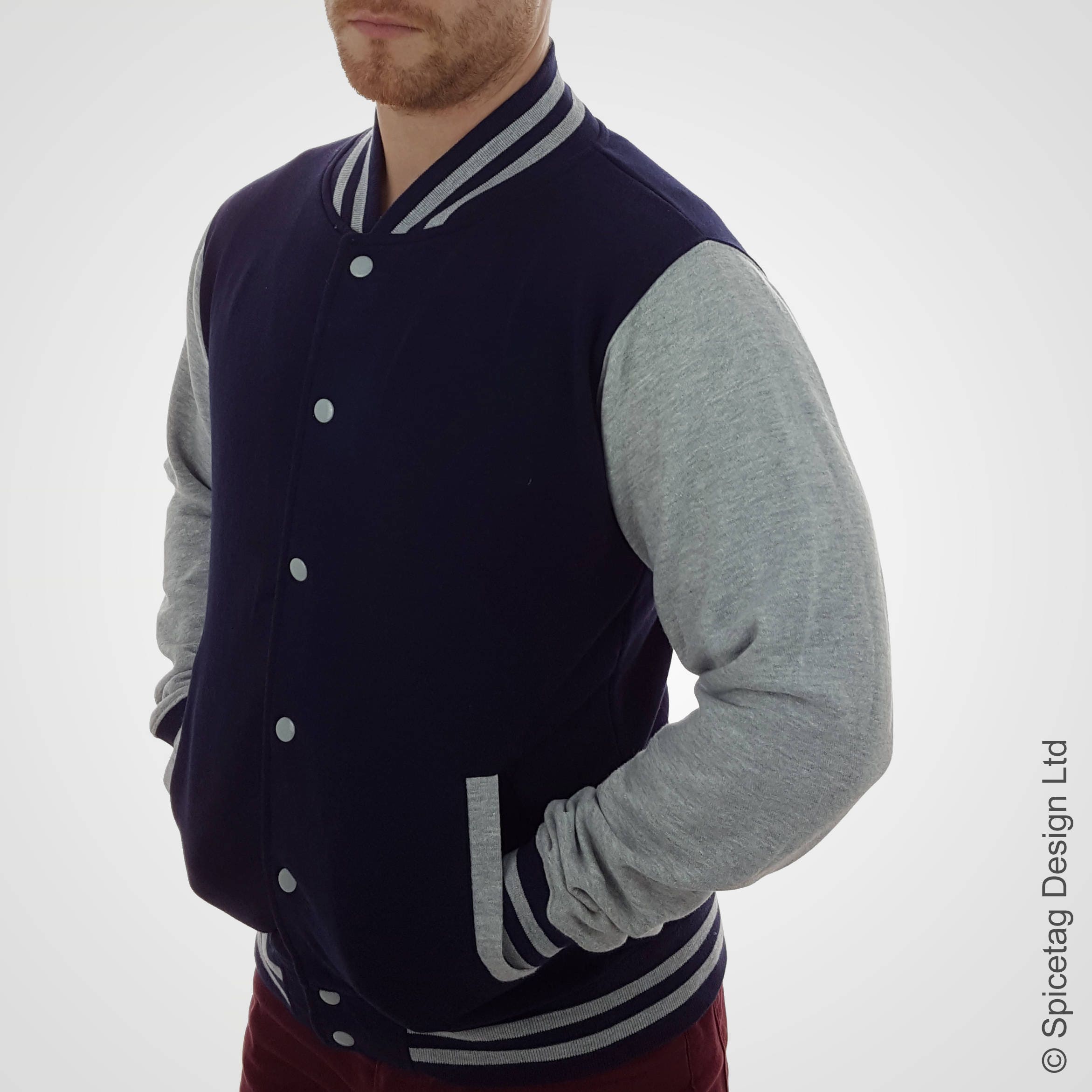 Heather Grey & Navy Varsity Jacket Blue College Letterman Coat 