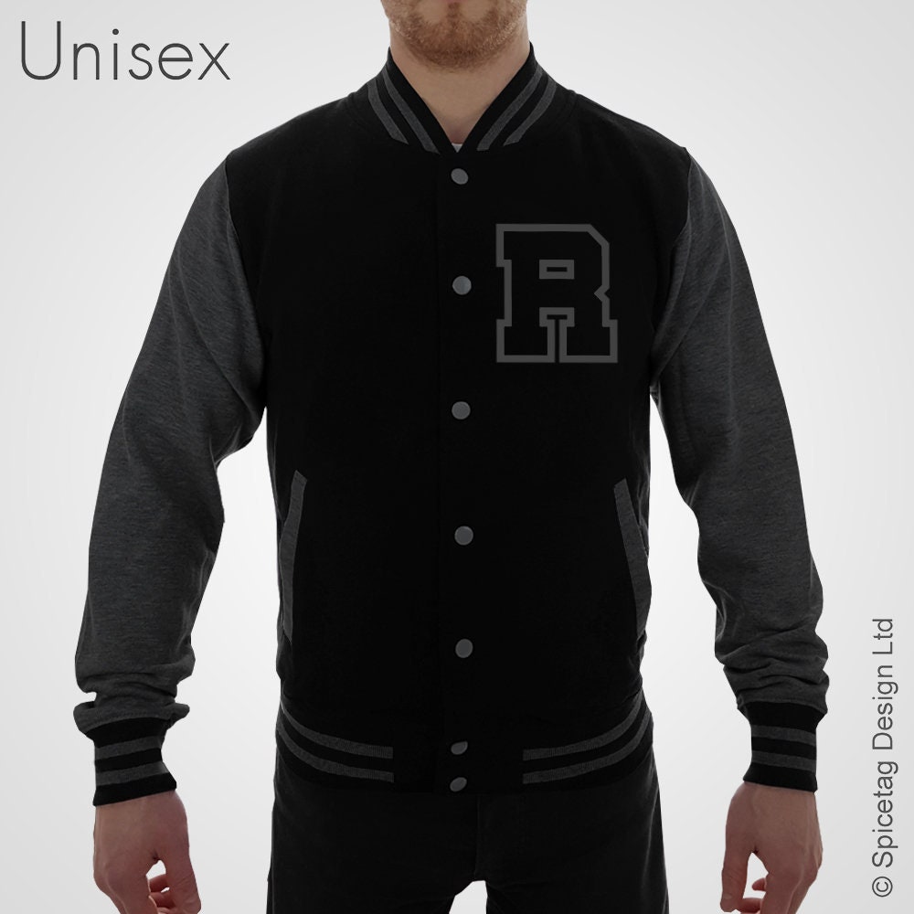 Personalised Jet Black With Charcoal Sleeves Varsity Jacket With Grey Outline Dark College Letterman Coat Baseball American Fashion Clothing Etsy