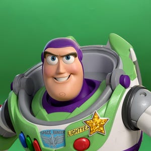 May include: Buzz Lightyear character in a green and white spacesuit with purple accents. The suit features a gold star, the words "SPACE RANGER" and "LIGHTYEAR". The character has a smiling face with blue eyes and a purple head covering.