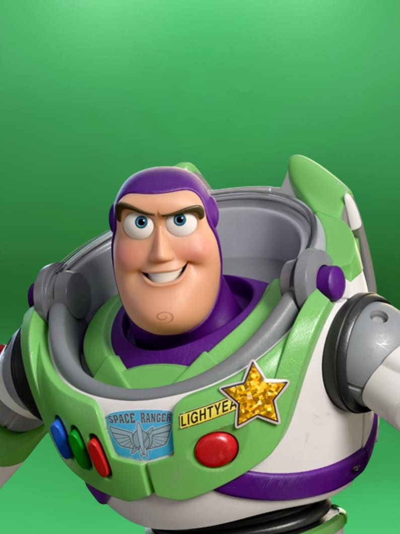May include: Buzz Lightyear character in a green and white spacesuit with purple accents. The suit features a gold star, the words "SPACE RANGER" and "LIGHTYEAR". The character has a smiling face with blue eyes and a purple head covering.