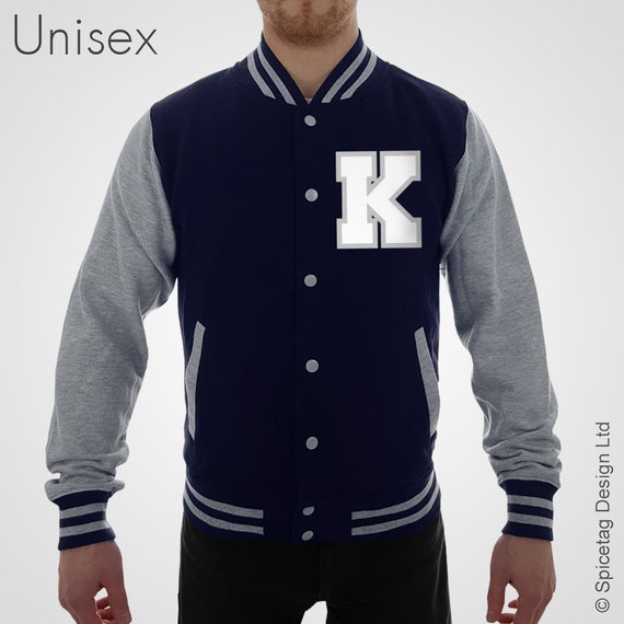 Personalised Navy Blue Grey Sleeves Varsity Jacket with White Letter and  Grey Outline Dark College Letterman Coat Baseball American - Main Image
