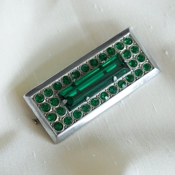 Broche vintage strass vert émeraude rectangle art déco - bijoux des années 1920-1930