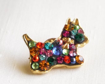 JACKY DE G -  small dog brooch and rainbow rhinestones, J de G pin doggo