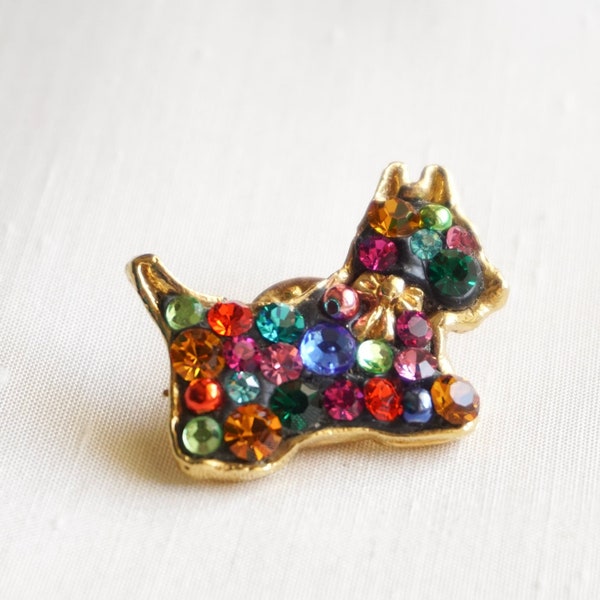 JACKY DE G -  small dog brooch and rainbow rhinestones, J de G pin doggo