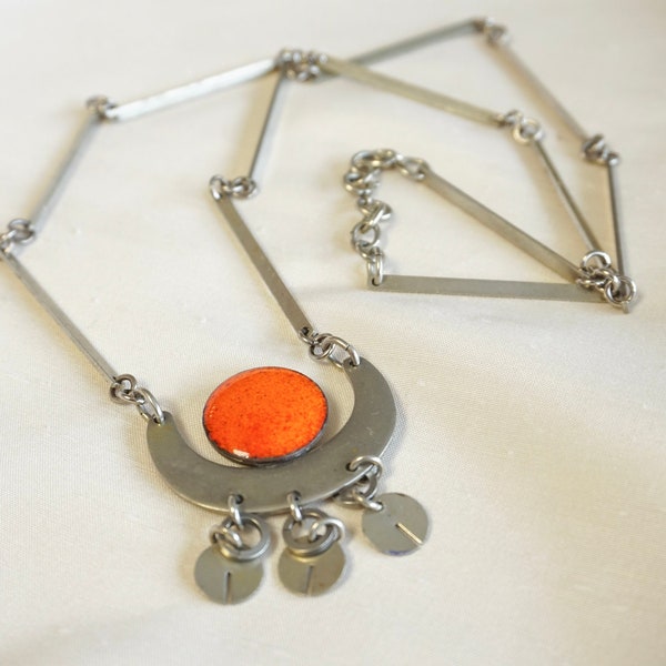 Hippy silver tone necklace with enamel pendant,  Bohemian style from late 60's