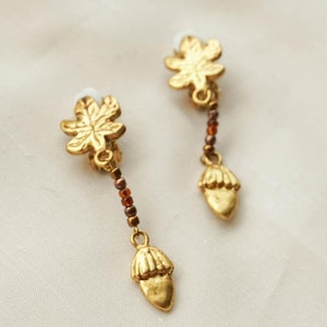 Marc Labat, Small acorn dangling earrings, fall oak leaf clip on from 90&#39;s - statement earrings - automn jewelry