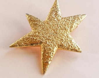 Broche Vintage Soleil En Métal Doré Signée Linda Hattab - Modèle Oversize, Occasion