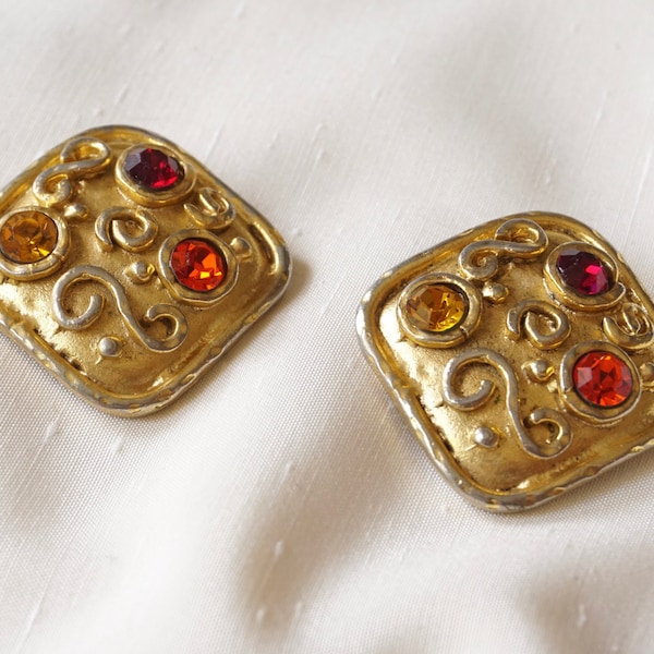 Edouard Rambaud vintage earrings - Gold square and rhinestones clip on , French designer vintage clip on - circa 1980 - costume jewelry