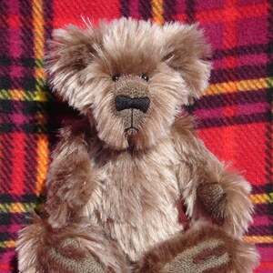 May include: A brown teddy bear with a black nose and black eyes, sitting on a red and black plaid fabric.