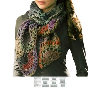 May include: A multi-colored crocheted scarf with a mix of green, purple, orange, and brown. The scarf is made with a lacy stitch pattern.