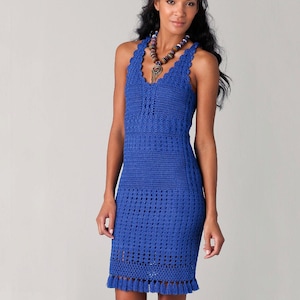 May include: A royal blue crochet dress with a scalloped neckline and a fringe hem.