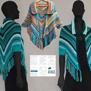 May include: Two mannequins wearing crocheted shawls with fringe. The shawls are in shades of blue, green, and white. The shawls have a chevron pattern and a collar. The shawls are crocheted with a delicate openwork stitch. The mannequins are wearing black clothing. A printed pattern for the shawls is visible in the background.