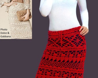 May include: A red crochet skirt with a lacy pattern. The skirt is shown on a model wearing a white turtleneck shirt. Photo: skirt for sizes XS-5XL that you will crochet.