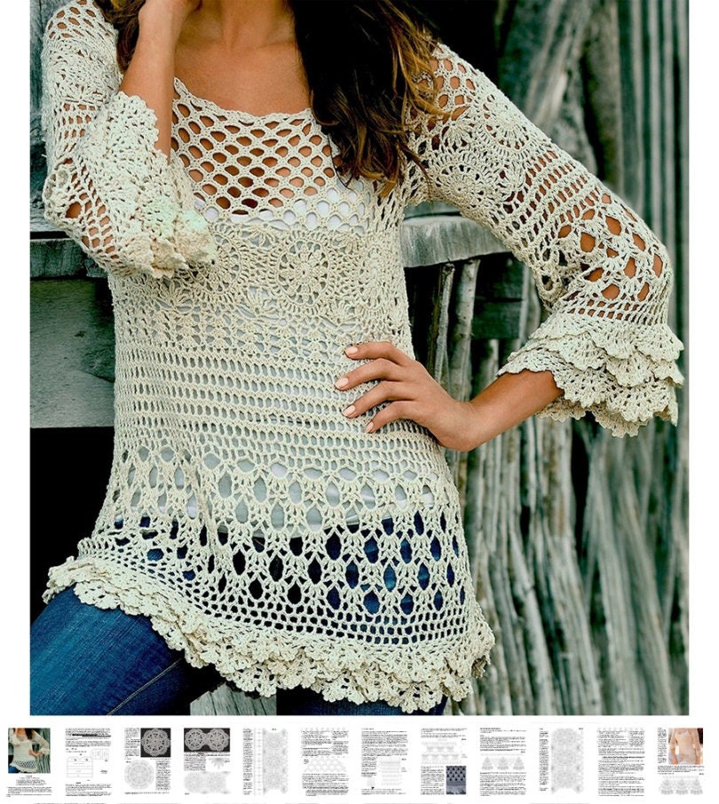 Crochet tunic PATTERN, sizes S-2XL, written in ENGLISH for every row, with chart. Download Pdf from https://favoritepatterns.com if sold out