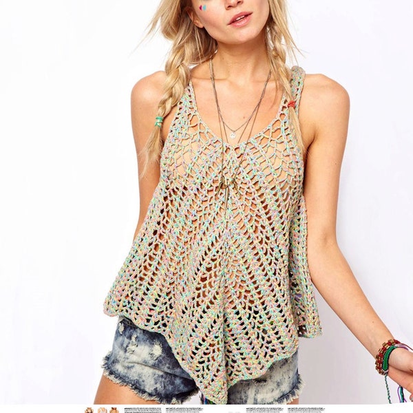 Crochet top PATTERN, detailed tutorial in ENGLISH for every row, sexy beach top crochet pattern PDF only, boho crochet pattern tank top Diy.